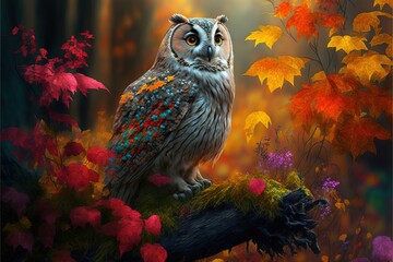 Wall Mural -  a painting of an owl sitting on a branch in a forest with fall leaves and flowers around it. generative ai