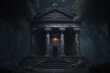 An ancient temple seen in a dark fantasy atmosphere.