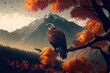  a bird sitting on a tree branch in front of a mountain range with fall leaves and birds flying around. Generative AI