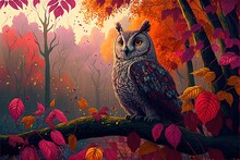  A Painting Of An Owl Sitting On A Branch In A Forest With Fall Leaves And Trees In The Background.