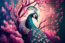  A Painting Of A Peacock In A Tree With Pink Flowers And A Pink Sky In The Background With A Pink And Blue Background.