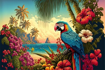  a colorful parrot sits on a branch of a tree near a tropical landscape with flowers and palm trees. generative ai