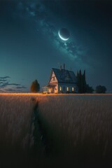 Poster - A field of wheat and a rural house whilst saturn can be seen in the night sky.