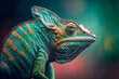 Leinwandbild Motiv Green colored chameleon close up. Generative AI.