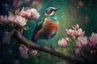  a bird sitting on a branch with flowers in the background and a green sky in the background with stars. generative ai