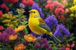  a bird is perched on a flower bush with many flowers in the background and a painting of a yellow bird. Generative AI