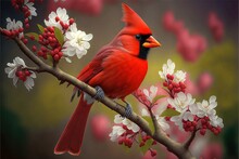  A Red Bird Sitting On A Branch Of A Tree With White Flowers And Red Berries On It's Branches. Generative Ai
