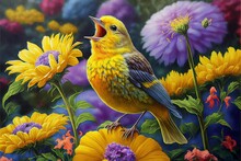  A Painting Of A Bird Singing In A Field Of Flowers With A Background Of Purple.