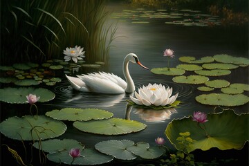 Poster -  a painting of a swan in a pond with lily pads and water lillies in the foreground. Generative AI