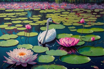  a painting of a swan and water lilies in a pond with lily pads and water lilies in the foreground. Generative AI