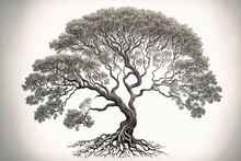  A Drawing Of A Tree With A Lot Of Roots On It's Branches And A White Background With A Gray Background.