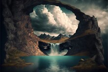  A Painting Of A Waterfall In A Cave With A Lake Below It And A Sky Filled With Clouds Above.