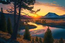 The Dawn Over The Mountains Of Yellowstone National Park. Generative AI