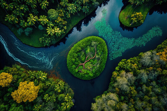 river in the jungle, seen from above. nearby manaus, the amazon jungle. generative ai