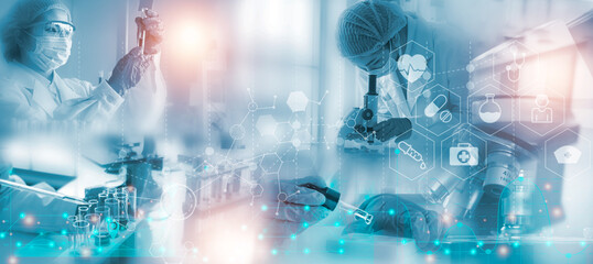 Double exposure microscope and Young woman scientific using equipment in the laboratory for research.Biotechnology,development,chemical,vaccine,COVID-19. Photo concept experimentation and research.