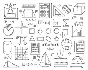 Mathematics icons. Geometry cube, cone and sphere figures, algebra formulas, infographics graphs and protractor, ruler, compass mathematics tools outline vector symbols or school educations icons set