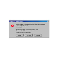 Fototapete - Error message window, application installation, vector PC popup notification. Install run and initialization error message window for computer framework with buttons to Cancel, Continue and Try Again