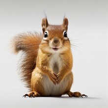 A Happy Squirrel Standing, Isolated On A White Background