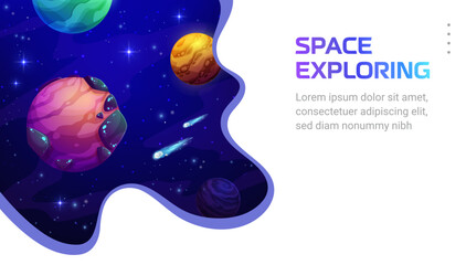 Wall Mural - Space landing page, galaxy exploring paper cut space landscape. Cartoon vector web banner in 3d paper cut with planets, stars and asteroids. Universe and galaxy travel game, astronomy science