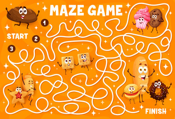 Sticker - Cookies, desserts and bakery characters in labyrinth maze, vector worksheet. Labyrinth game to find way or escape maze puzzle with funny donut, cupcake and croissant with chocolate cookie