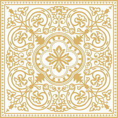 Vector golden square byzantine ornament. Tiles of ancient Greece and the Eastern Roman Empire. Decoration of the Russian Orthodox Church..