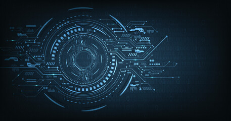 Poster - Circle 2d illustration circuit board technology background. Drawing a modern electronic circuit on dark blue background. Hi-tech digital technology concept.