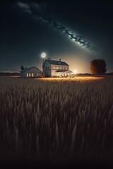 Poster - A field of wheat and a rural house whilst saturn can be seen in the night sky.