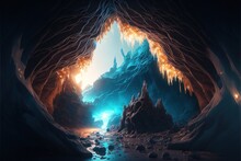 A Beautiful Fantasy Environment Of A Mystical Cavern With Magical Crystals.