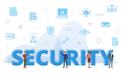Wall Mural - internet security concept with big words and people surrounded by related icon spreading with blue c