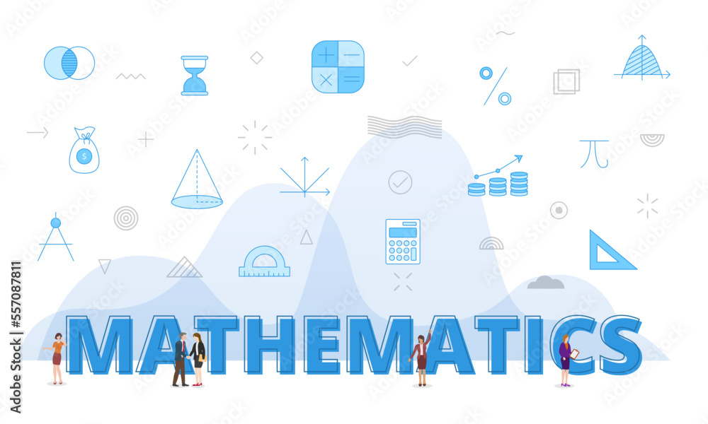 People Math Icon mathematics concept with big words and people surrounded by related ...