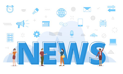 Wall Mural - news media concept with big words and people surrounded by related icon spreading with blue color
