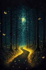 Wall Mural - walking through woods fireflies. The moon stars