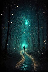 Fototapete - walking through woods fireflies. The moon stars