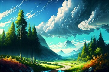 Fototapete - beautiful fantasy setting, very colorful, run rays, blue sky