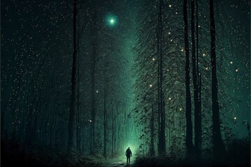 Fototapete - walking through woods fireflies. The moon stars