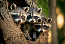 Three Young Raccoons Scrambling Over Each Other To Peer Out A Hole In A Large Tree. Digital Artwork	