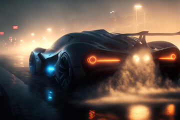 Wall Mural - Car on the road. Street racing of the future. Futuristic sports car in motion (non-existent car design). Сar drifting, tire smoke wafting, neon city background. Digital art	