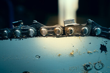 Chainsaw chain on the tire close-up. Saw teeth for cutting wood on a blurred background. Agricultural tool