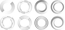 Set Of Vector Dotted Lines In Circle Form. Vector Shapes. Halftone Dots Collection. Trendy Design Elements. Concentric Circles For Posters, Social Media, Promotion, Flyer, Covers, Logo, Border Frames