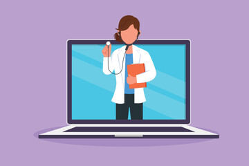 Wall Mural - Graphic flat design drawing female doctor comes out of laptop computer screen holding stethoscope. Online medical services. Digital healthcare consultation concept. Cartoon style vector illustration