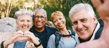 Nature, Selfie And Senior Friends Hiking Together In A Forest While On An Outdoor Adventure. Happy, Smile And Portrait Of A Group Of Elderly People Trekking In Woods For Wellness, Health And Exercise