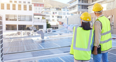 Canvas Print - Engineer, back or woman with man, solar energy or sustainable power inspection. Technician, male or female for panels maintenance, eco friendly construction or agriculture for alternative electricity