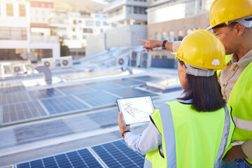 engineer, back or woman with man, solar energy or sustainable power inspection. technician, male or 