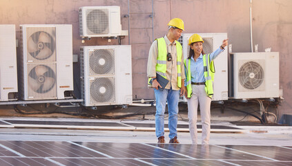 Canvas Print - Solar panels, roof or engineering team planning photovoltaic construction for renewable energy development. Solar energy, innovation or engineers working on an industrial building or grid project