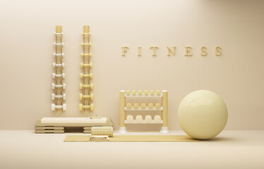 Fitness ball, sport mat, yoga block, .Pastel yellow and beige colors scene. Trendy 3d render for sport fitness equipment, female concept, lifting in the gym and exercise daily background. 