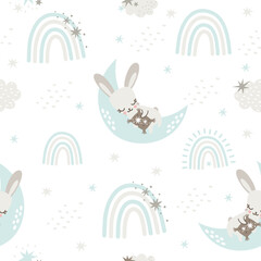 Wall Mural - Seamless vector pattern. Cute bunny, rabbit sleeping on the moon. Night sky and stars. Rainbows, stars, clouds