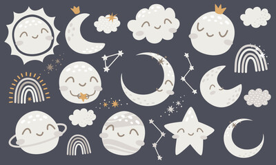 Wall Mural - Cute vector set. Sleeping planets. Sun, flax, uranium, Pluto, stars and other planets, rainbow. Cute children's illustrations.