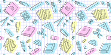 Black Outline School Supplies, Office Stationary And Colored Shadows On A Notebook Sheet In A Cell. Back To School Endless Texture, Business And Education Concept. Vector Seamless Pattern For Print