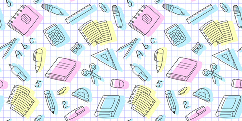 Black outline school supplies, office stationary and colored shadows on a notebook sheet in a cell. Back to school endless texture, business and education concept. Vector seamless pattern for print