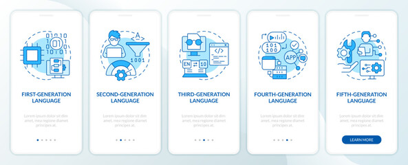 programming language evolution blue onboarding mobile app screen. walkthrough 5 steps editable graph